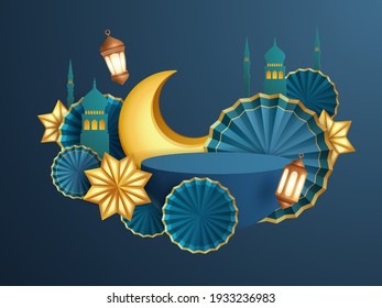 3D illustration of classic blue Muslim Islamic festival theme product display background with crescent moon and Islamic decorations.