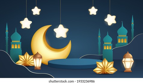 3D illustration of classic blue Muslim Islamic festival theme product display background with crescent moon and Islamic decorations.