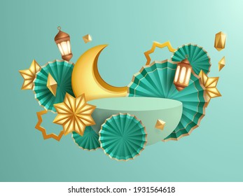 3D illustration of classic teal Muslim Islamic festival theme product display background with crescent moon and Islamic decorations.