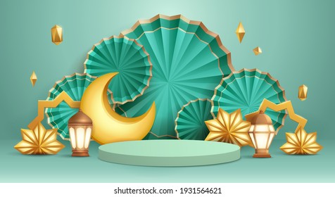 3D illustration of classic teal Muslim Islamic festival theme product display background with crescent moon and Islamic decorations.