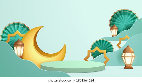 3D illustration of classic teal Muslim Islamic festival theme product display background with crescent moon and Islamic decorations.