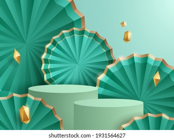 3D illustration of classic teal theme product display and cosmetic advertising background with podium and paper fan.