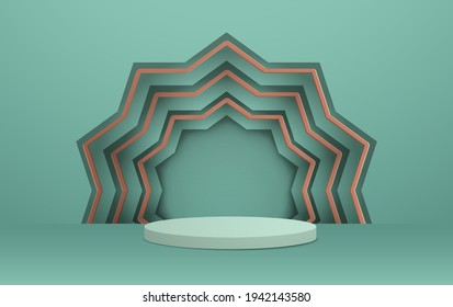3D illustration of classic teal theme podium scene with geometic pattern for display products and cosmetic advertising.