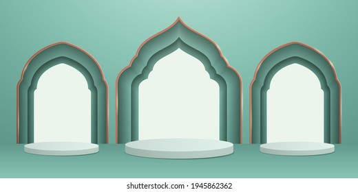 3D illustration of classic teal theme podium scene with islamic pattern for display products and cosmetic advertising.