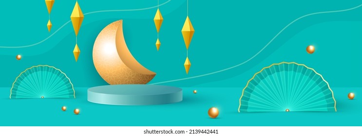 3d illustration of classic turquoise muslim islamic festival product display background with crescent moon and islamic decorations. Vector
