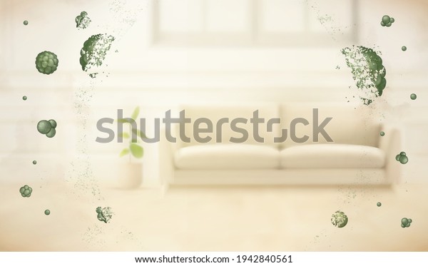 3d illustration of cleaning effect on blurry\
living room. Transparent shield protecting against germs, viruses\
and harmful microbes.
