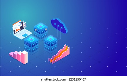 3D illustration of cloud server connect to local servers with laptop and infographics elements on blue background for data management concept.