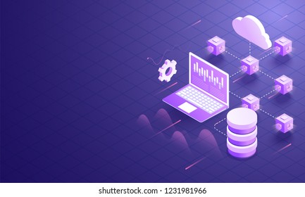 3D illustration of cloud server connected with multiple local servers and laptop on shiny blue background for data storage or analysis concept.