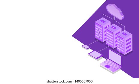 3D illustration of cloud server connected with three local server and digital devices for Cloud Storage concept based isometric design.