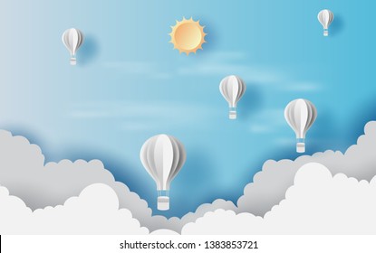 3D Illustration of cloudscape view scenery. Balloons float up in the blue sky sunlight with paper art. Crative design landscape view high scene for holiday poster. Paper cut and craft style. vector.