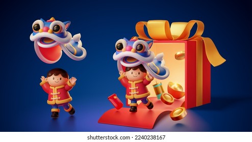 3D illustration of cny cute asian child performing lion dance run out from giant dissected giftbox on red carpet followed by coins, gold ingot, red envelope and firecracker decoration.