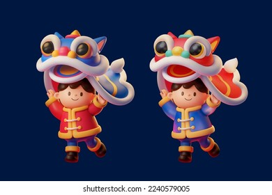 3D illustration of cny cute asian children lifting chinese lion head above head height performing lion dance isolated on indigo background.