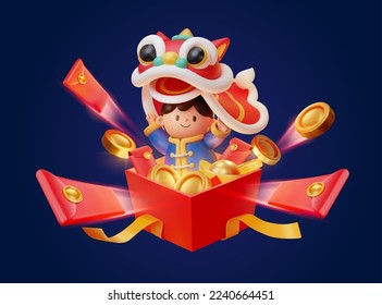 Ilustración en 3D de un lindo chico asiático cny bailando un león con monedas de oro, lingotes y sobres rojos disparando desde la caja de cartón en el fondo índigo.