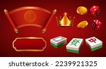 3D illustration of CNY mahjong board game tiles, oriental pattern scroll, crown, dice, gold frame with gradient background. Translation : Zhong. Fa