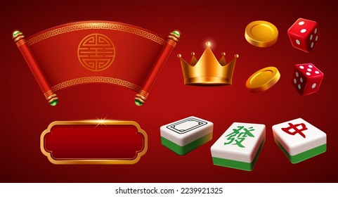 3D illustration CNY mahjong board game tiles  oriental pattern scroll  crown  dice  gold frame and gradient background  Translation : Zhong  Fa