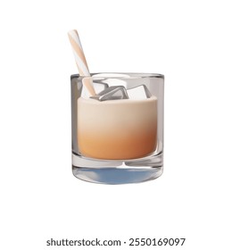 3D illustration of a coffee drink with milk and ice cubes in a glass with a straw on a white background. Suitable for kitchen design or cafe logo creation.