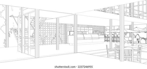 Ilustración 3D de la cafetería