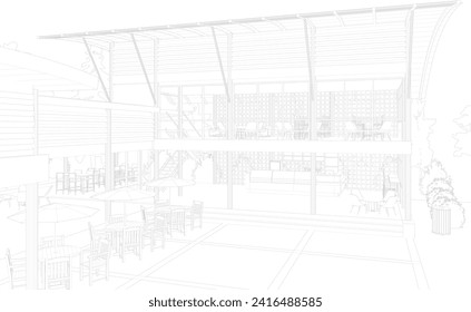 Ilustración 3D de la cafetería