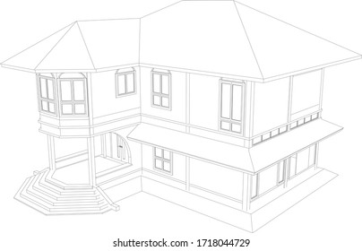 3D illustration of colonial style house in wireframe - vector perspective