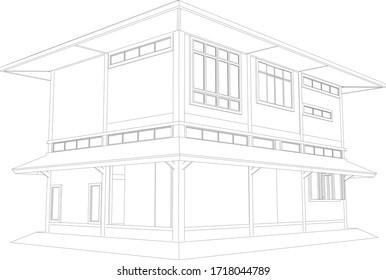 3D illustration of colonial style house in wireframe - vector perspective