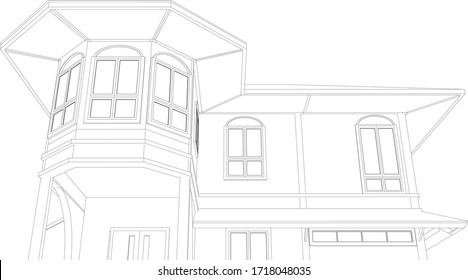 3D illustration of colonial style house in wireframe - vector perspective