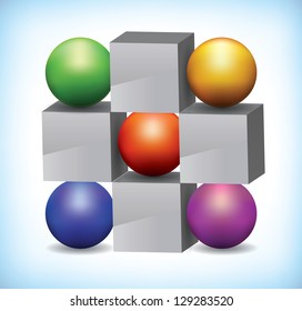 3D illustration of colored spheres next to grey cubes used as presentation template, or infographics