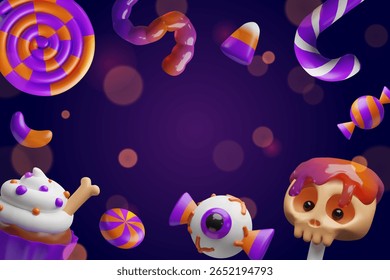 3D illustration of colorful Halloween candies. Includes spooky lollipops, cupcakes with bones, candy corns, jelly worms, eyeball, skull sweets. For party invitations, banners, posters, greeting cards