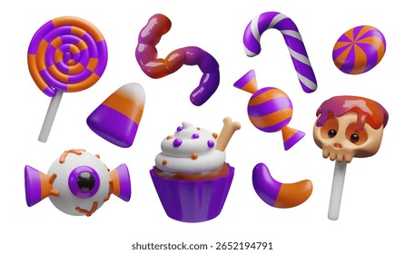 3D illustration of a colorful Halloween candy set including lollipops, candy corn, gummy worms, cupcakes, eyeball candies, skull lollipops. Sweets for party designs, packaging, posters, decorations