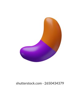 3D illustration of a colorful Halloween jelly bean candy in orange and purple colors. Festive sweet in cartoon style. Seasonal designs, packaging, prints, and holiday decorations.