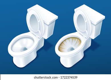 3d illustration comparison of two toilet bowls on blue background, before and after applying detergent cleaner