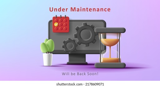 3d illustration of computer maintenance with sand clock, cogs and calendar icons. Vector illustration