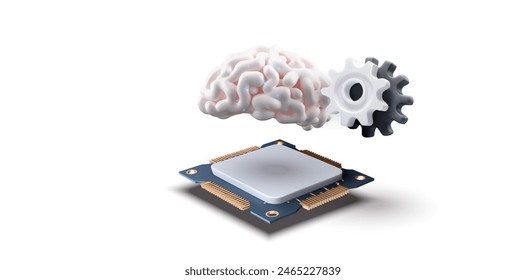 3D illustration of a computer processor with a brain and a gear hovering above it, symbolizing artificial intelligence and machine learning. Perfect for tech and innovation-related content. Vector