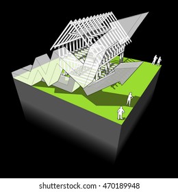 3d illustration of Construction of simple detached house with wooden framework construction with two rising business diagram arrows