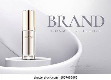 3d illustration of cosmetic product ad banner. Skincare product on a cylindrical podium and while swirl decoration