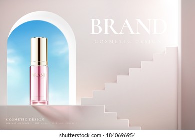 3d illustration of cosmetic product ad. Skincare product on a window with stairs