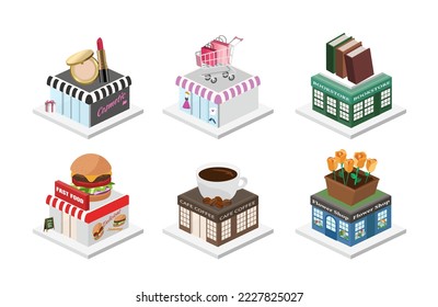 3d illustration of cosmetic shop, books store, fashion store, fast food restaurant, coffee shop and flower shop.