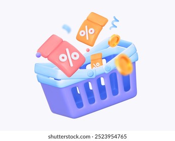 Ilustração 3D de cupons, moedas e descontos no carrinho para loja online.