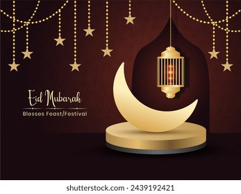 3D Illustration of Crecent Moon on Podium of Eid Mubarak 