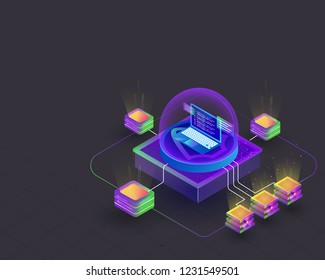 Ilustración 3D de servidores de minería de criptografía conectados con portátil, diseño isométrico basado en el concepto de centro de datos.