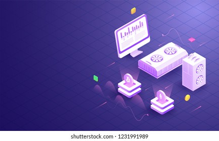 Ilustración 3D de servidores criptográficos conectados con escritorio en el fondo de la cuadrícula para el concepto de minería de criptografía.