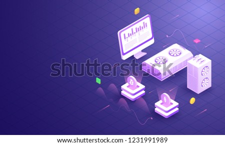 3D illustration of crypto servers connected with desktop on grid background for crypto mining concept.