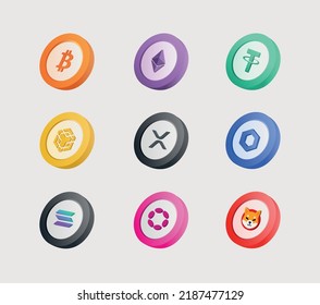 3d illustration of cryptocurrency coin set . Bitcoin-BTC, Ethereum-ETH, Tether-USDT,Binance Coin-BNB, XRP-XRP, Chainlink-LINK , Solana-SOL , Polkadot-DOT , Shiba ino-SHIB