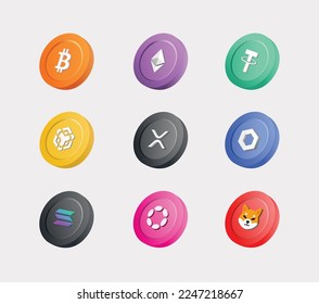 3d illustration of cryptocurrency coin set . Bitcoin-BTC, Ethereum-ETH, Tether-USDT,Binance Coin-BNB, XRP-XRP, Chainlink-LINK , Solana-SOL , Polkadot-DOT , Shiba ino-SHIB svg