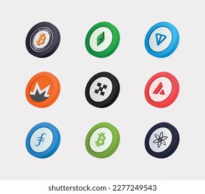 3D-Illustration von Kryptowährung-Münzsatz . Wrapped Bitcoin-WBTC, Ethereum Classic-ETC, Toncoin-TON, Monero-XMR, OKB-OKB, Avalanche-AVAX, Filecoin-FIL, Bitcoin Cash-BCH, Cosmos-ATOM