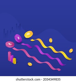 Ilustración 3D De Monedas De Criptomoneda Con Olas De Estadísticas, Gráfico De Barra Sobre Fondo Azul.