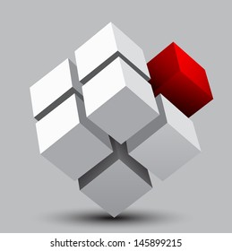 3d illustration of cube assembling from blocks 