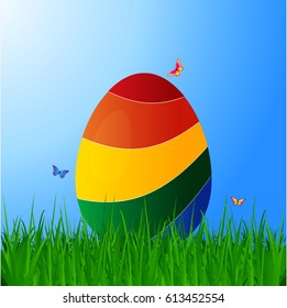 3D Illustration of a Curved Striped Easter Egg on Green Grass Over Blue Sky Background with Butterfly