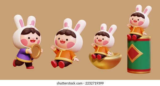 3D Illustration of cute Asian boys in rabbit headdresses holding gold coins with others sitting the on floor, gold ingot, and firecracker decoration