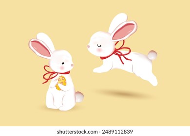 3D illustration of cute bunnies on a light orange background. One bunny jumps high towards the bunny holding an egg