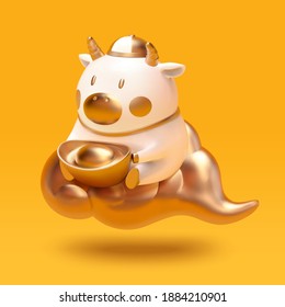 3d illustration of cute ceramic white cattle sitting on gold cloud. 2021 CNY ox character isolated on yellow background.